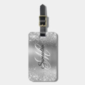 Girly Faux Silver Glitter en Shiny Folie Bagagelabel (Voorkant verticaal)