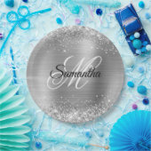 Girly Faux Silver Glittery Folie Monogram Papieren Bordje (Feest)