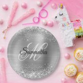 Girly Faux Silver Glittery Folie Monogram Papieren Bordje (Feest)