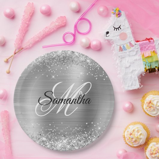 Girly Faux Silver Glittery Folie Monogram Papieren Bordje (Feest)