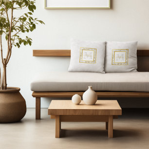 Girly Faux White Leather Marble Gold Monogram Kussen