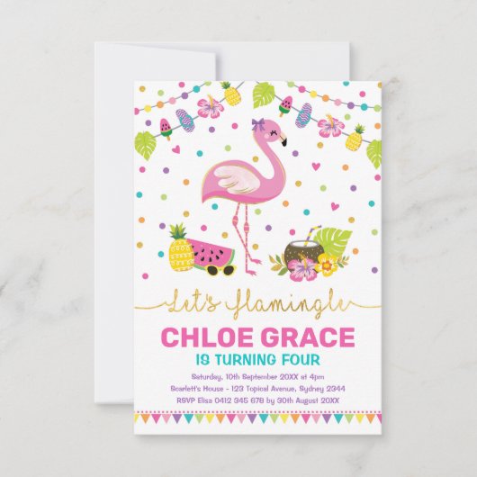 Girly Flamingo Birthday Summer Tropical Pool Party Kaart (Voorkant)