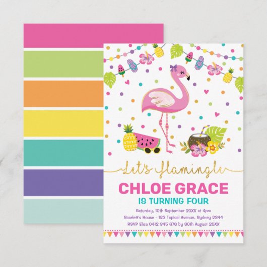 Girly Flamingo Birthday Summer Tropical Pool Party Kaart (Voorkant / Achterkant)