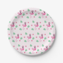 Girly Flamingo Tropical Flowers Leaf Pattern Roze Papieren Bordje