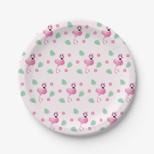 Girly Flamingo Tropical Flowers Leaf Pattern Roze Papieren Bordje (Voorkant)
