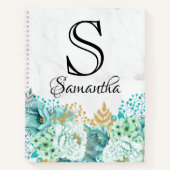 Girly Floral Bouquet Mint Marble Monogram Initiaal Notitieboek (Voorkant)