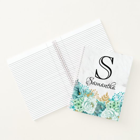 Girly Floral Bouquet Mint Marble Monogram Initiaal Notitieboek (Binnen)