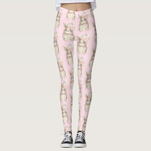 Girly Floral Bunny Rabbit Waterverf Blush Flowers Leggings (Voorkant)