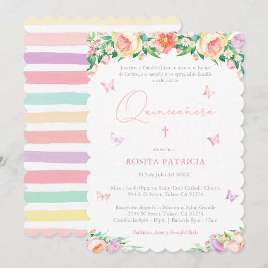 Girly Floral Butterflies Quinceañera Party Kaart (Voorkant / Achterkant)