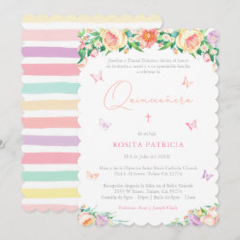 Girly Floral Butterflies Quinceañera Party Kaart