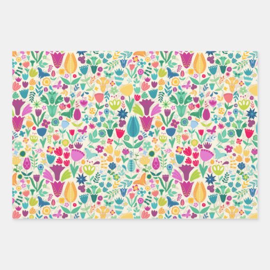 Girly Floral Dinosaurus Silhouet Maximal Folk Inpakpapier Vel (Voorkant 3)