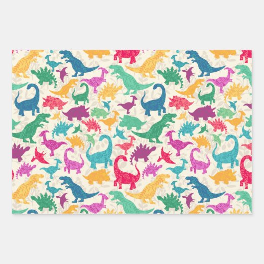 Girly Floral Dinosaurus Silhouet Maximal Folk Inpakpapier Vel (Voorkant 2)
