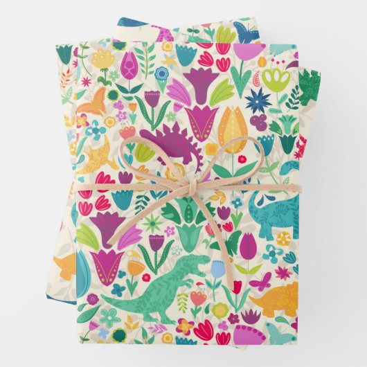 Girly Floral Dinosaurus Silhouet Maximal Folk Inpakpapier Vel (In situ)