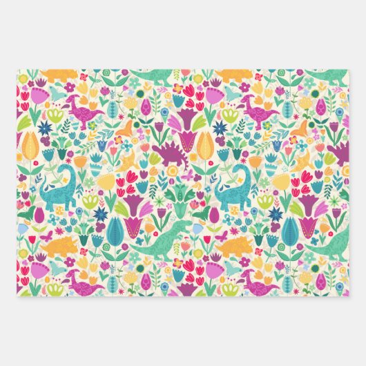 Girly Floral Dinosaurus Silhouet Maximal Folk Inpakpapier Vel (Voorkant)