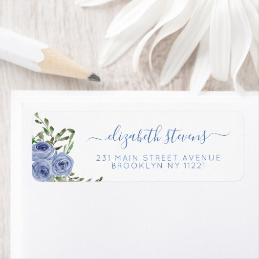 Girly Floral Dusty Blue Waterverf Roos Script Etiket (Insitu)