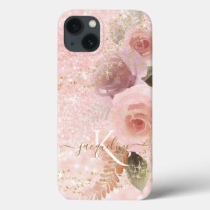 Girly Floral Elegant Pink Glitter Gold Stars Naam Case-Mate iPhone Case