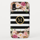 Girly Floral Gold Monogram Black White Stripes Case-Mate iPhone Case (Achterkant)