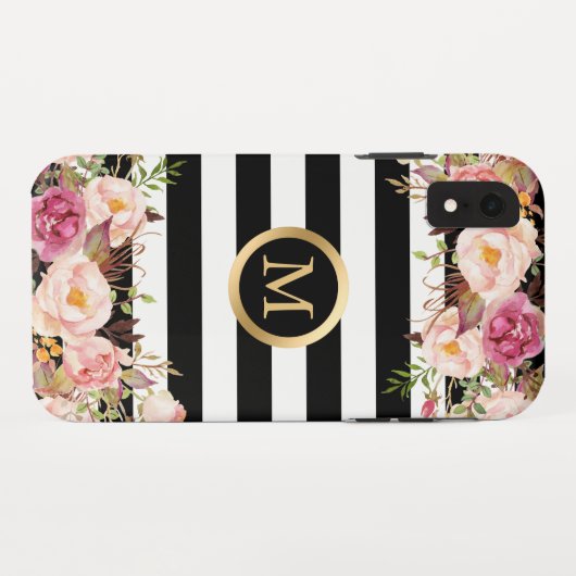 Girly Floral Gold Monogram Black White Stripes Case-Mate iPhone Case (Achterkant (horizontaal))
