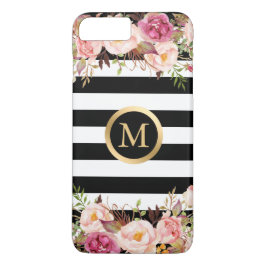 Girly Floral Gold Monogram Black White Stripes iPhone XR Hoesje