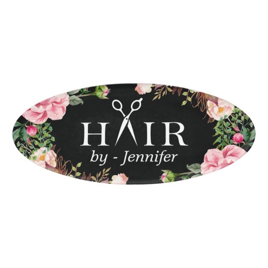 Girly Floral Hair Cut Salon Scissors Logo Naambadge (Voorkant)