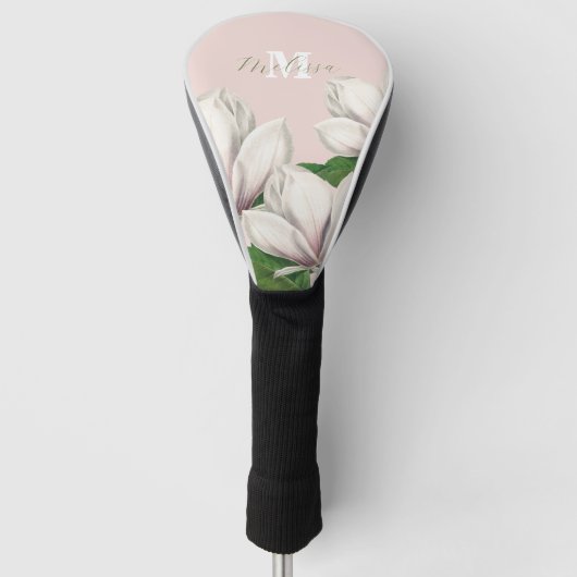 Girly Floral Magnolia Pink Monogram Naam Golfheadcover (Voorkant)