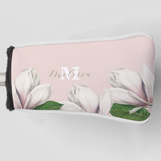 Girly Floral Magnolia Pink Monogram Name Golf He Golfheadcover (Voorkant)