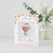 Girly Floral Marble Photo Birth Announding Briefkaart (Staand voorkant)