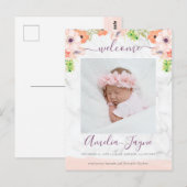 Girly Floral Marble Photo Birth Announding Briefkaart (Voorkant / Achterkant)
