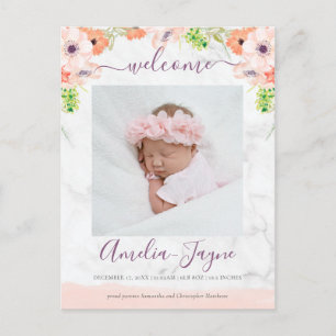 Girly Floral Marble Photo Birth Announding Briefkaart