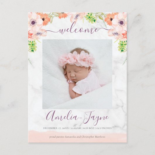 Girly Floral Marble Photo Birth Announding Briefkaart (Voorkant)