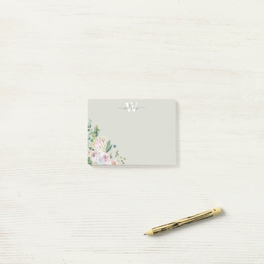 Girly Floral Monogram Greenery Post-It Notes (Op bureau)