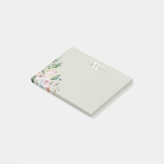 Girly Floral Monogram Greenery Post-It Notes (Schuin)