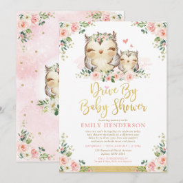 Girly Floral Owl drive by Baby shower Quarantine Kaart