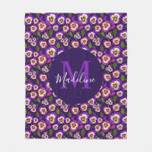 Girly Floral Pansies Pattern Paarse Monogram Fleece Deken (Voorkant)