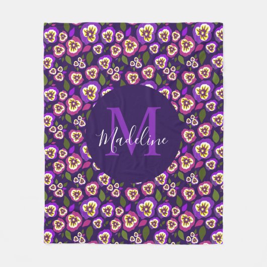 Girly Floral Pansies Pattern Paarse Monogram Fleece Deken (Voorkant)
