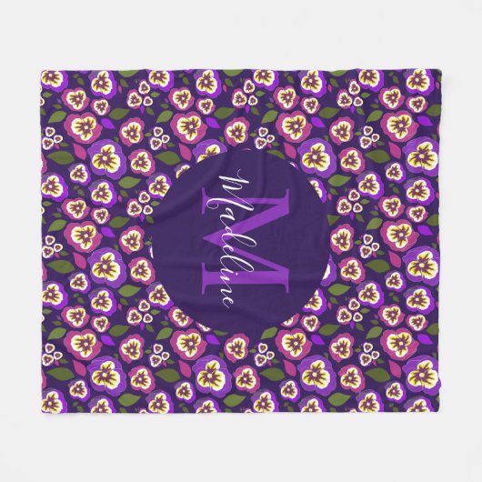 Girly Floral Pansies Pattern Paarse Monogram Fleece Deken (Voorkant (Horizontaal))