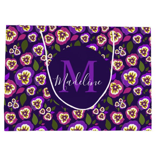 Girly Floral Pansies Pattern Paarse Monogram Groot Cadeauzakje (Achterkant)