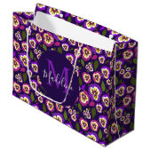 Girly Floral Pansies Pattern Paarse Monogram Groot Cadeauzakje (Voorkant Gekanteld)