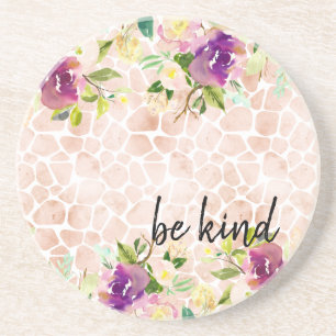 Girly Floral Peach Giraffe Print Waterverf Zandsteen Onderzetter