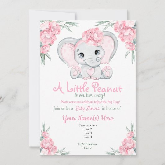 Girly Floral Pink Elephant Baby shower Invitation Kaart (Voorkant)