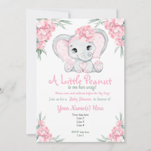 Girly Floral Pink Elephant Baby shower Invitation Kaart