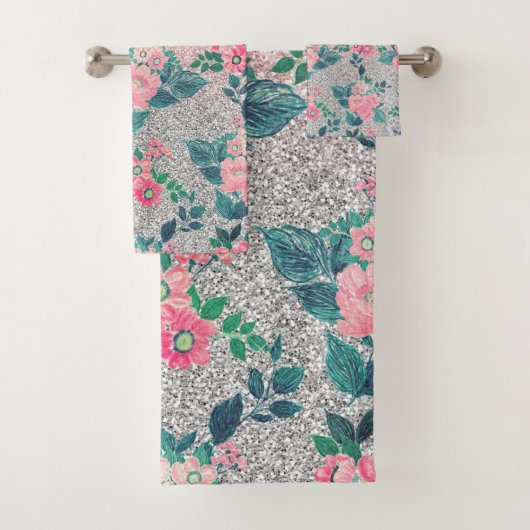 Girly Floral & Pink Silver Ombre Glitter Design Bad Handdoek (Insitu)