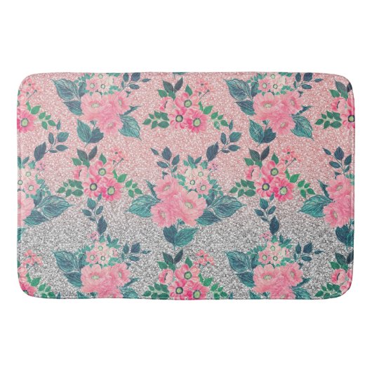 Girly Floral & Pink Silver Ombre Glitter Design Badmat (Voorkant)