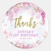 Girly Floral Wisteria Butterfly Verjaardag Dank u Ronde Sticker (Voorkant)