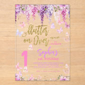 Girly Floral Wisteria Gold Butterfly Kids Verjaard Acryl Uitnodigingen (Voorkant)