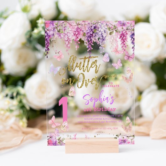 Girly Floral Wisteria Gold Butterfly Kids Verjaard Acryl Uitnodigingen