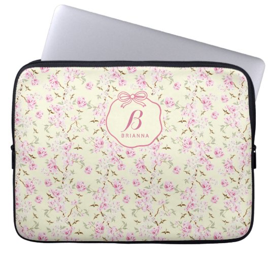 Girly Floral Yellow Pink Bow Coquette Monogram Laptop Sleeve (Voorkant)