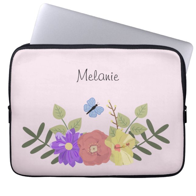 Girly Flowers and Butterfly Pastel Pink Name Laptop Sleeve (Voorkant)