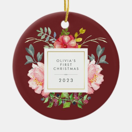  Girly Flowers Baby's Eerste Kerstmis Keramisch Ornament (Voorkant)