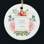 Girly Flowers Baby's Eerste Kerstmis Keramisch Ornament<br><div class="desc">Deze prachtige sierbloem is voorzien van roze pinda's met een mooie waterverf en grijze en groene bladeren. Een vierkant lijst met faux goudfolie bevindt zich in het midden, en je kunt je personaliseren met de naam van je baby en elk bericht of jaar met behulp van de sjabloon. (OPMERKING: de...</div>